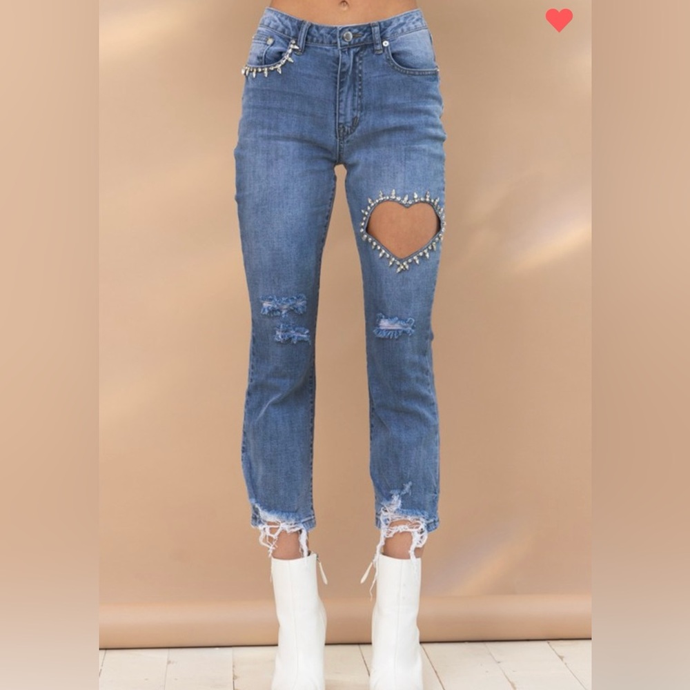 Rhinestone Heart Cut Out Jeans